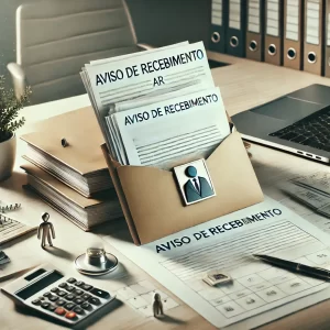 Mesa de escritório corporativo com documentos formais, envelope com selo de Aviso de Recebimento (AR), calendário com datas marcadas e laptop parcialmente aberto, simbolizando processos formais no contexto jurídico de abandono de emprego