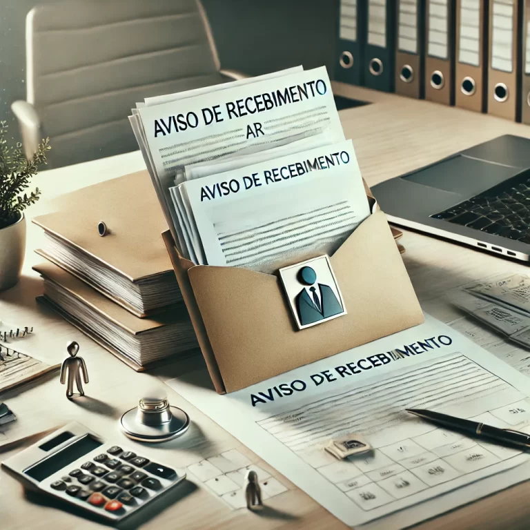 Mesa de escritório corporativo com documentos formais, envelope com selo de Aviso de Recebimento (AR), calendário com datas marcadas e laptop parcialmente aberto, simbolizando processos formais no contexto jurídico de abandono de emprego