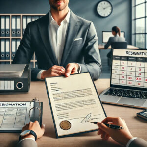 Um escritório moderno e bem iluminado, com um pequeno empresário analisando documentos importantes enquanto um funcionário entrega formalmente uma carta de demissão. Na mesa, há uma checklist digital aberta no laptop, pastas organizadas e um calendário ao fundo. A cena transmite profissionalismo, clareza e segurança jurídica no processo de desligamento de um funcionário.