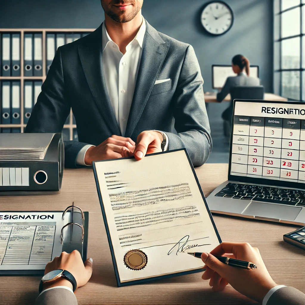 Um escritório moderno e bem iluminado, com um pequeno empresário analisando documentos importantes enquanto um funcionário entrega formalmente uma carta de demissão. Na mesa, há uma checklist digital aberta no laptop, pastas organizadas e um calendário ao fundo. A cena transmite profissionalismo, clareza e segurança jurídica no processo de desligamento de um funcionário.